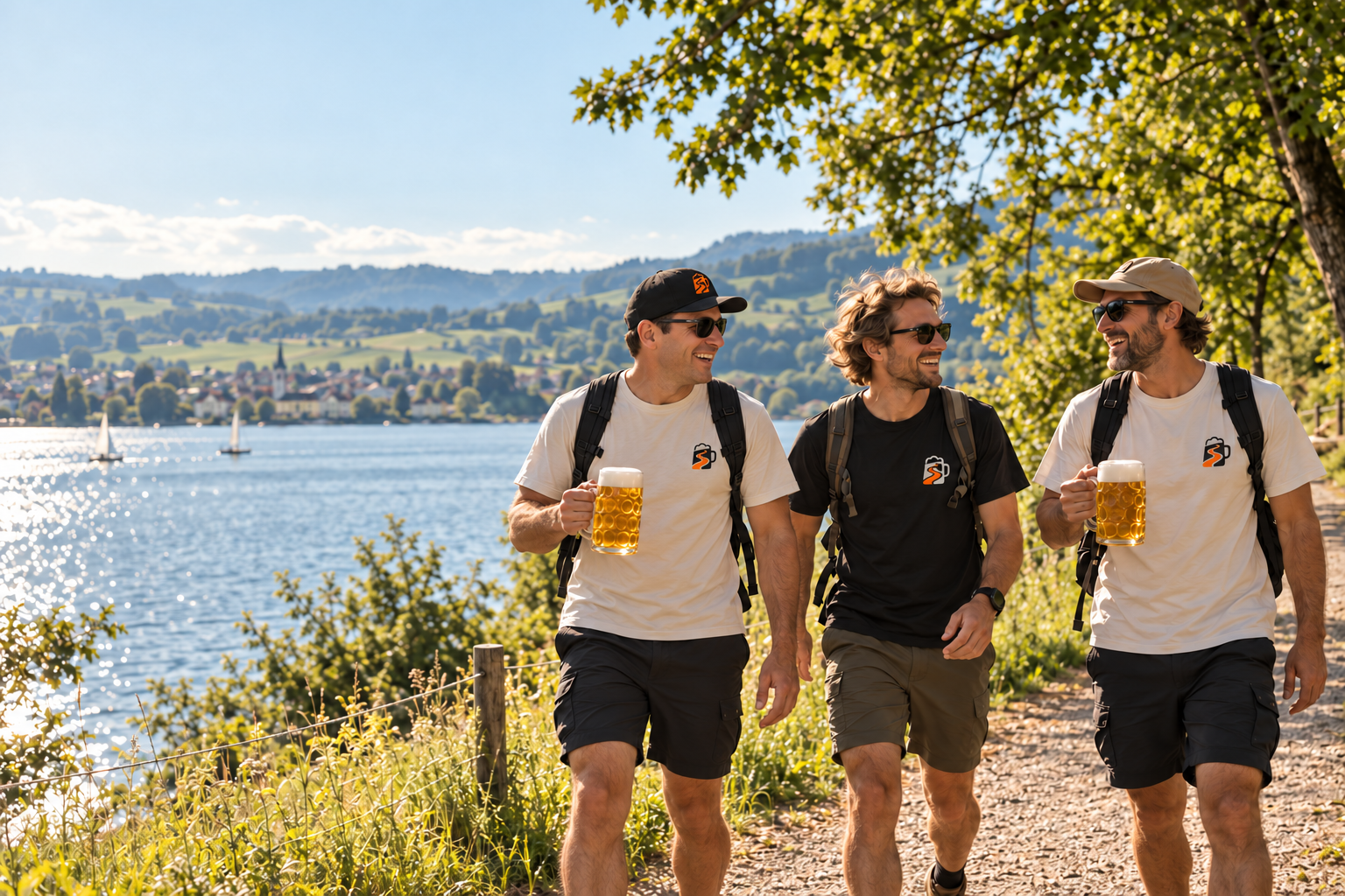 Freunde mit Bierkrügen auf einem sonnigen Weg an einem Schweizer See – Stimmungsbild